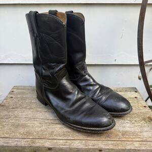 Vintage Justin Boots Black Roper Pull On Cowboy Western Size 9 1/2D Style 3133